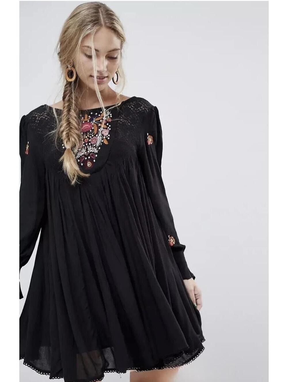EUC Free People Mohave Bohemian A-Line Embroidered Long Sleeve Dress size S